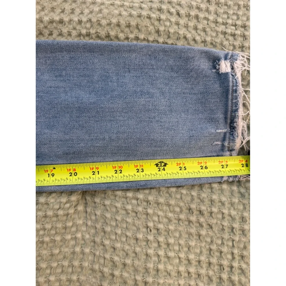 PAIGE Cindy High Rise Straight Leg Distressed Jeans Light Blue Raw Hem. Stretch.